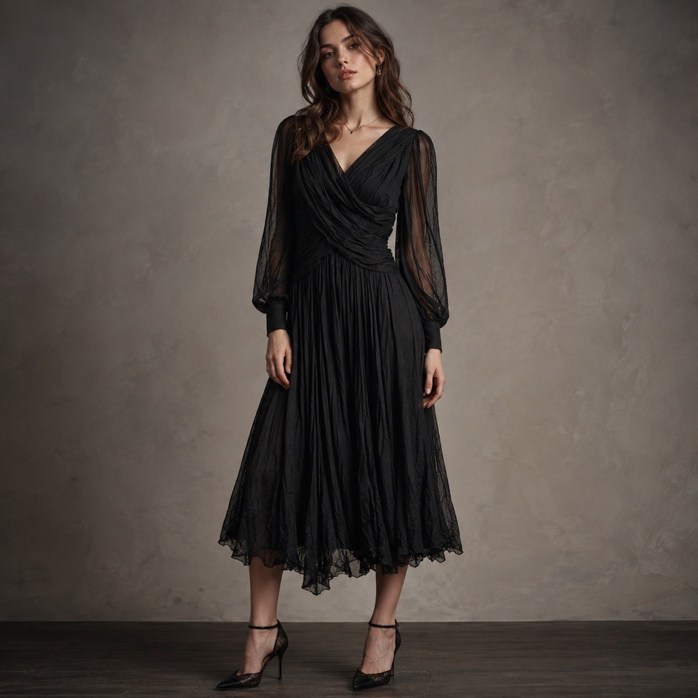 Vtg Richilene Neiman Marcus Ruched Midi Dress M Black Chiffon Whimsigoth Witchy